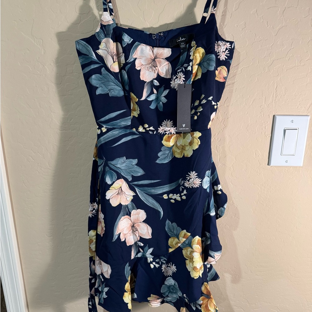 Wrapped Up In You Navy Blue Floral Print Faux-Wrap Mini Dress XS